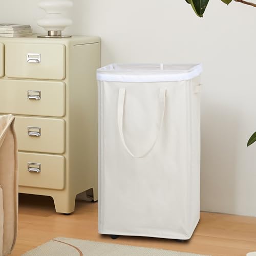 DOKEHOM 90L X-Large Laundry Basket with Removable Wash Bag on Wheels, Collapsible Rolling Laundry Hamper, Foldable Clothes Organizer, Folding Washing Bin (Beige) - color: Beige, size: X-Large Pro 29"