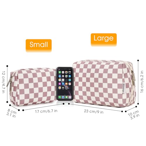 Narwey Small Checkered Makeup Bag for Purse Mini Pink Cosmetic Bag Travel Makeup Pouch Zipper Pouch Cute Make up Bags with Compartments for Women Girls (Dusty Rose Checkerboard, Small) - color: YB-Dusty Rose Checkerboard, style: Small