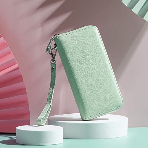 Moflycom Womens Wallet RFID Blocking Genuine Leather Zip Around Wallet Clutch Wristlet Travel Long Purse for Women - color: Light Green