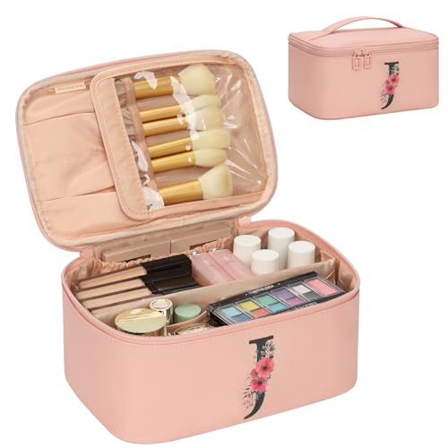 OCHEAL Initial Makeup Bag,Monogram Make up Bag Pink Travel Makeup Organizer Case Beauty Toiletry Cosmetic Bag with Brush Holder, Trendy Stuff Personalized Gifts for Women and Girls-J - color: Pink, style: J