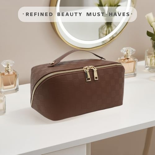 Travel Makeup Bag – Large Cosmetic Organizer with Waterproof PU Leather, Smooth Double Zipper & Tear-Resistant Lining, Toiletry Pouch for Women (Brown) - color: 02-Brown
