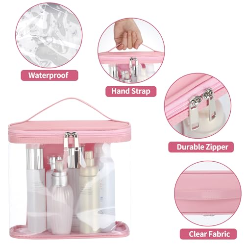 Heavy Duty Leak Proof Clear Travel Bags for Toiletries, Transparent Makeup Cosmetic Bag with Zipper and Handle (Large, 1PCS Pink) - color: 1PCS Pink