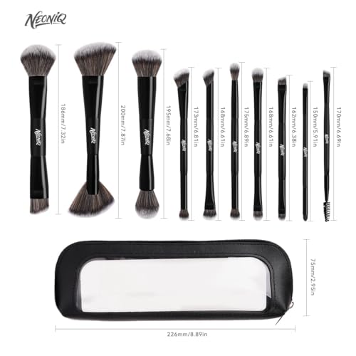 10 PCS Travel Makeup Brush Set With Bag, Makeup Brushes, Double-End Multi-functional Brushes for Foundation Powder Blush Eyeliner Eyeshadows, Professional Face Brush Set(Black) - color: 10Pcs-Black
