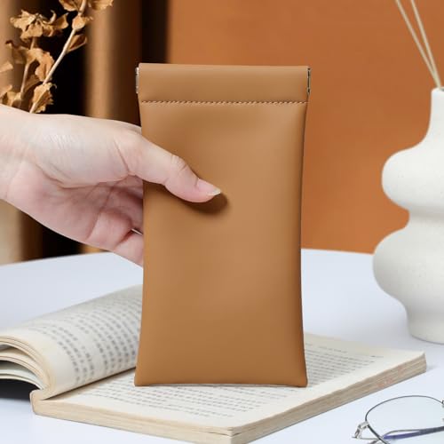 Squeeze Top Sunglass Case, New Organosilicon Soft PU Leather Eyeglass Glass Case Travel Large Sunglasses Pouch - color: Brown