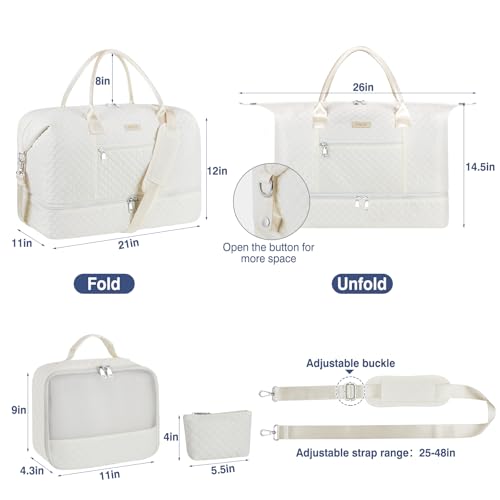 ITIEZY Weekender Overnight Bag for Women - Large Travel Duffel Bag with Shoe Compartment, Gym Duffel Bag Hospital Bag Carry On Tote Bags for Airplanes with Crossbody Bag Toiletry Bag 3Pcs Set - color: 9A-Off White