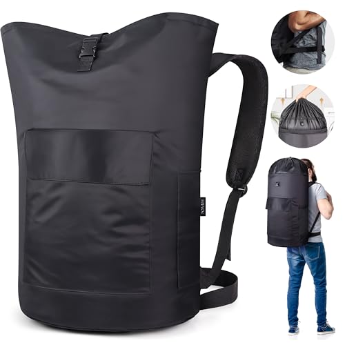 Haevon Laundry Backpack - 131L Heavy Duty Laundry Bag with Padded Shoulder & Waist Straps, Removable Liner - College, Dorm, Apartment, Travel, Outdoor - Big Laundry Bag for Easy Carrying (Black) - color: All Black