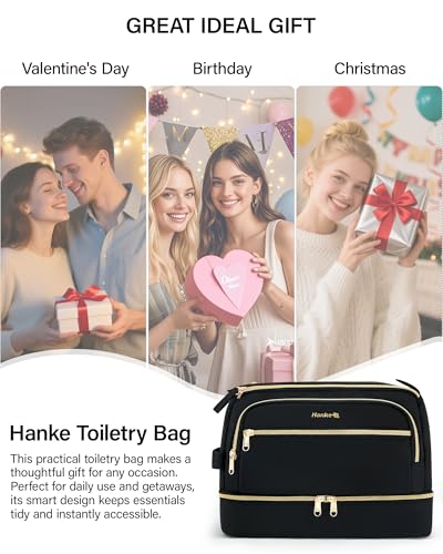 Hanke Travel Toiletry Bag, Lightweight Wide-open Makeup Bag, Dual-Layer Travel Bag for Toiletries Water-Resistant Cosmetic Bags Large Toiletry Bags for Women & Men, Travel Essentials, Black - color: Black