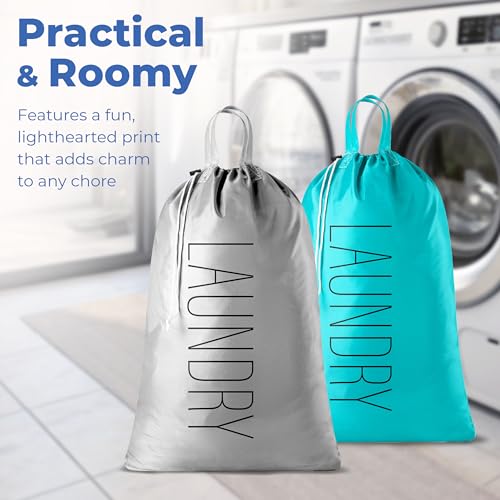 Handy Laundry Extra Large Travel Laundry Bags 2-Pack – 24 x 36 Inches Heavy Duty Water-Resistant Dirty Clothes Bags for Travel, Camping, Dorm, Family – Sturdy Drawstring Closure, Teal-Grey Print - color: Teal-grey | Laundry