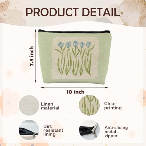 Grandmillennial Blue Tulip Floral Makeup Cosmetic Bag for Women, Modern Southern Blue and Green Botanical Flower Aesthetic Portable Travel Toiletry Bag Zipper Makeup Pouch - color: Flower seven