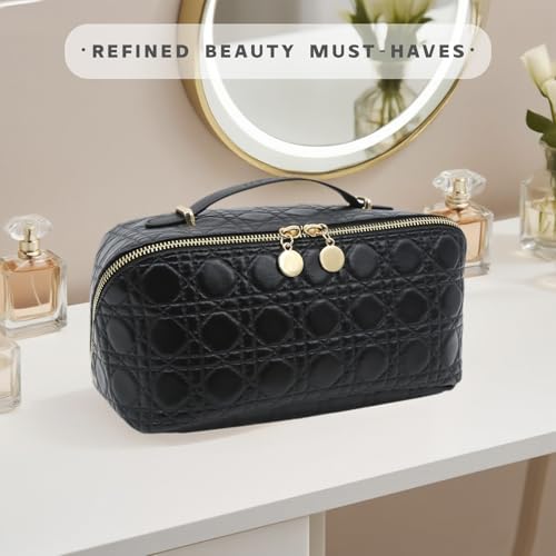 Travel Makeup Bag – Large Cosmetic Organizer with Waterproof PU Leather, Smooth Double Zipper & Tear-Resistant Lining, Toiletry Pouch for Women (Black) - color: 04-Black