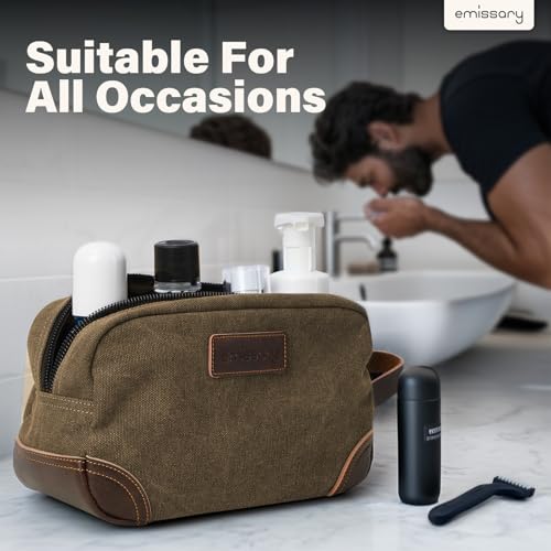 Emissary Men's Leather and Canvas Travel Toiletry Bag, Dopp Kit, Travel Bathroom Bag, Shaving Kit, Small Bags for Travel Accessories (Brown) - color: Brown