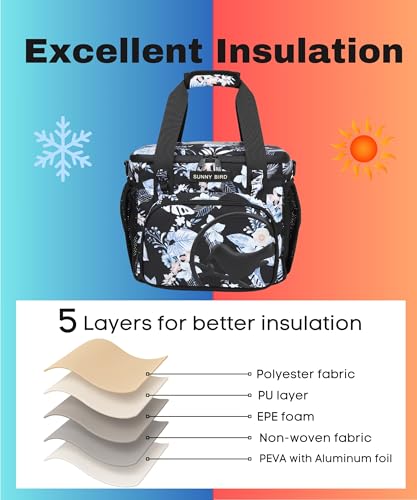 SUNNY BIRD 12L Large Insulated Lunch Bag, Leakproof and Foldable Lunch Cooler Box for Women Adult and Men, Fits 18 Cans (Hibiscus) - color: Hibiscus