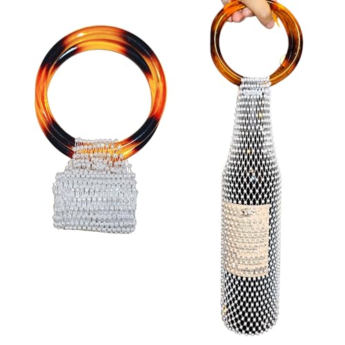 Munyee Hua Rhinestone Wine Bottle Holder Bag Reusable Tote Carrier Crystal Mesh Evening Purse with Ring Handle Gift Bags Carrier for Birthday Picnic Party Wedding (Brown Handle White Rhinestone) - color: Brown Handle White Rhinestone