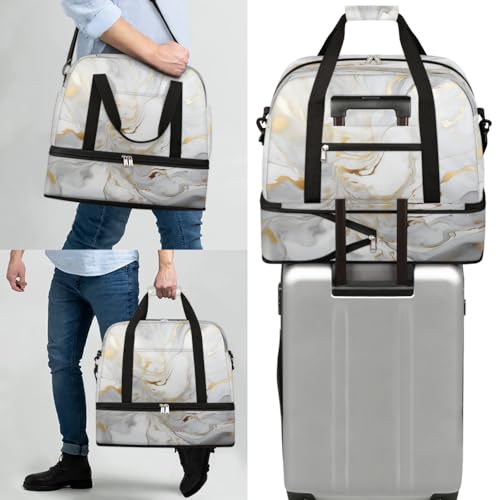Travel Duffel Bag Gray White Marble Style Weekender Bag with Shoe Compartment Foldable Overnight Bags for Travel Sports Lightweight Gym Bags for Men Women - color: Gray White Marble Style