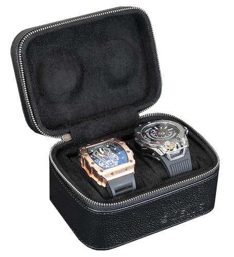 2 Watch Travel box Real Top-grain Leather Two Watch Roll Case for Man and Women Watches Packing Box Storage Organizer with Black Suede to Protection Zipper Fit All Watches Up to 60mm (2W-Z-BB) - color: 2W-Z-BBL