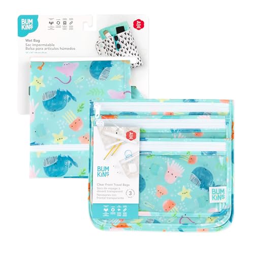Bumkins - Waterproof Wet Bag & Clear Travel Bags - For Beach, Baby, Travel, Swim Suit, Cloth Diapers, Pump Parts, Pool, Gym, Toiletries - Reusable & Easy to Clean - Ocean Life Blue - 4 Pack - color: B1 Ocean Life
