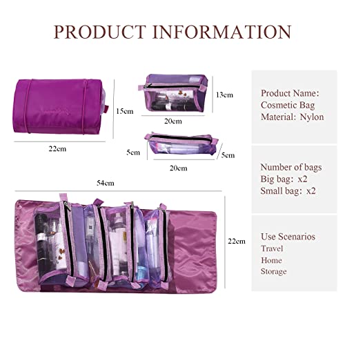LumiSyne 4 In 1 Detachable Toiletry Bag Hanging Roll-Up Makeup Bag Large Capacity Travel Wash Bag Mesh Cosmetic Bag Portable Foldable Toiletry Bag Waterproof Cosmetic Organizer Bag For Travel Daily - color: Purple