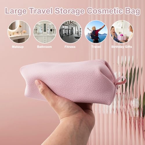 Portable Silicone Makeup Bag, Large Waterproof Makeup Brush Bag,Bathroom Travel Bag,Upgraded Leakproof Zipper Makeup Box,Suitable for Mens Womens(Pink)