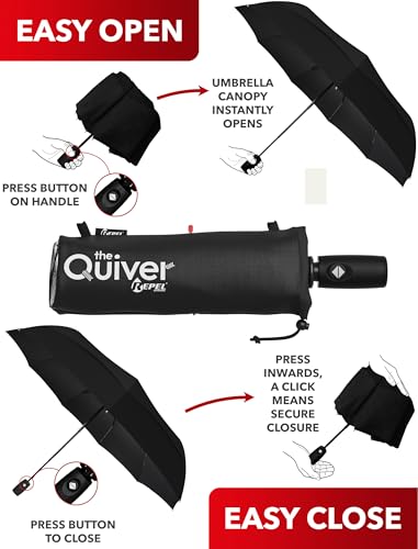 Repel Windproof Travel Umbrella - Compact & Withstands Winds up to 100MPH , Strongest Premium Auto Folding Umbrella for Rain and Sun - Durable, Light & Portable for Women & Men , Fits Backpack & Cars - color: Black Umbrella + Black Carrying Sling