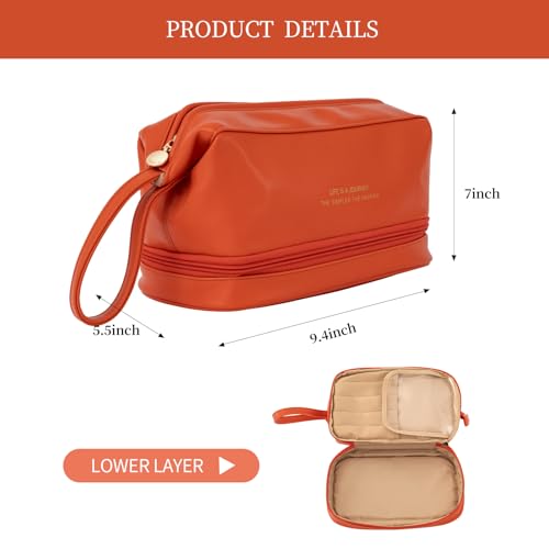 Abiudeng Large Capacity Makeup Bag Ladies Cosmetic Bag Travel Bag with Compartments Portable PU Leather Travel Makeup Bag with Handle - color: Orange