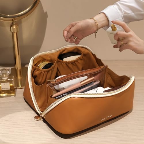 Prite Makeup Bag for Women Travel Waterproof Vegan Leather Cosmetic Bag Open Flat Toiletry Bag With Clear Divider and Handle (New Brown, Large) - color: New Brown, size: Large