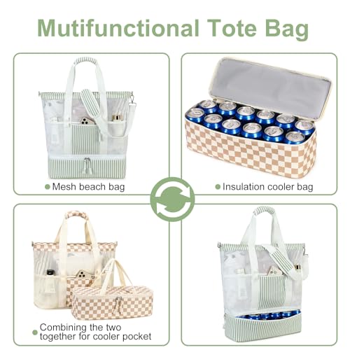 Bluboon Mesh Beach Tote Bag with Cooler Compartment Insulated Detachable Picnic Bag with Zipper and Pocket Pool Bag for Women - color: A-sage Green White Vertical Stripes
