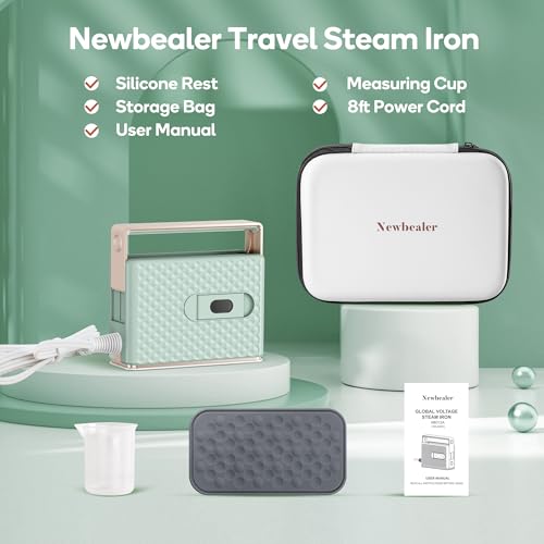 Newbealer 100-240V Travel Steam Iron, 2in1 Handheld Steamer, 120ml (Green) | Compact for Global Trips & Vacations, Non-Stick Ceramic Soleplate, Heats in 20s, 360° Steaming Anti-Spill, Auto-Off, 1.5 lbs - color: Green