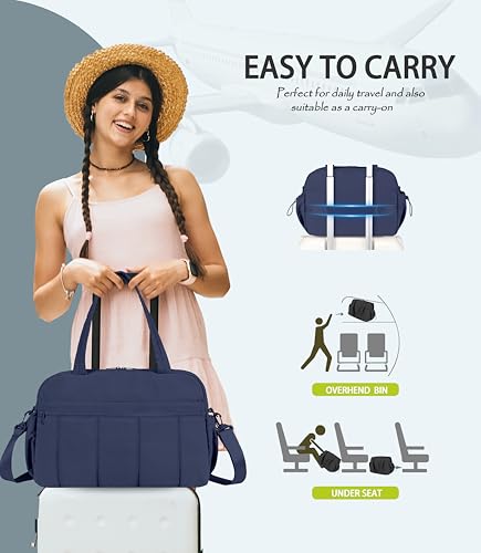 Lightweight Travel Duffle Bag for Women, Quilted Puffy Weekender with Wet Pocket for Gym, Overnight, Personal Item Carry On, Navy Blue - color: Navy Blue