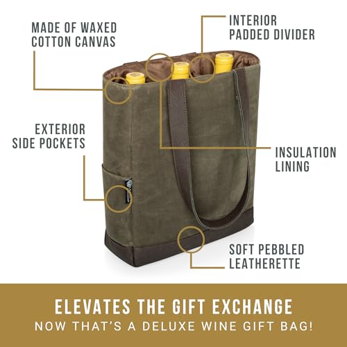 PICNIC TIME 2 and 3 Bottle Insulated Wine Bag, Distressed Waxed Canvas Wine Tote, Durable Bottle Carrier Bag for Gifts and Travel with Side Pockets & Removable Divider (Khaki Green with Brown Accents) - style: 3 Bottle