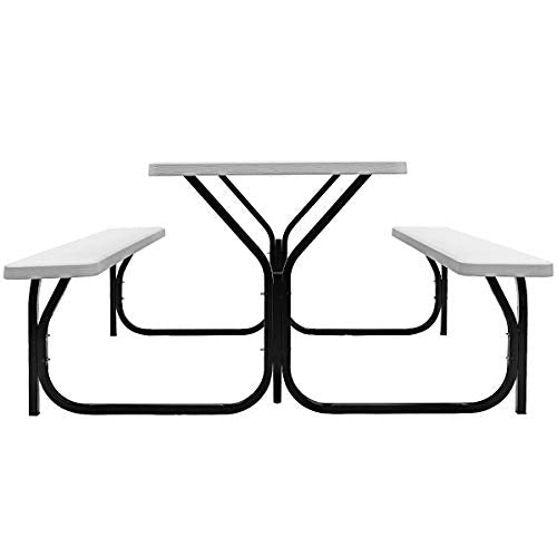 S AFSTAR Picnic Table Bench Set, 59” Expanded Rectangular Picnic Table, Outdoor Table and Bench W/Steel Frame & Wood-Like Texture Tabletop, Camping Table Chair Set for Garden Patio Lawn Deck (White) - color: White
