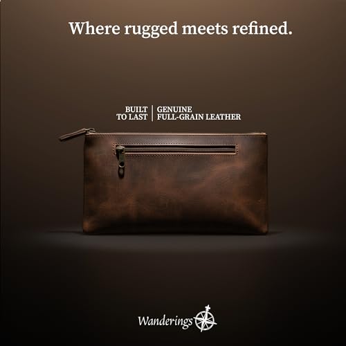 WANDERINGS Genuine Leather Pencil Pouch Case - Large 11" x 6.5" (28 x 16cm) - Hand Crafted Brown Leather Zipper Pouch - Slim Pencil Case Holder for Men and Women - size: Large (11"x6.25")