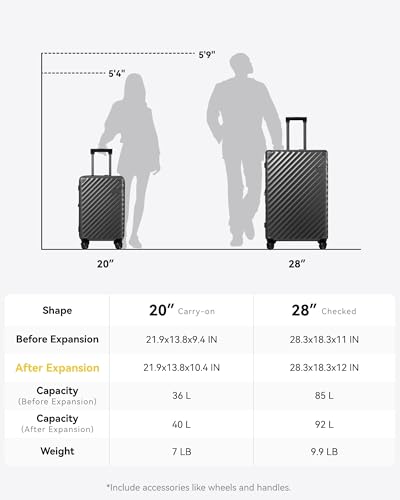LUGGEX Luggage with Spinner Wheels, Polycarbonate Expandable Hard Shell Suitcase, 2 Piece Set, Charcoal Metallic - color: Charcoal Metallic, size: 2-Piece Set(20/28)