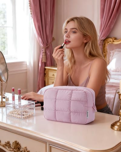 Narwey Puffer Travel Makeup Bag for Women Girl, Quilted Puffy Cosmetic Bag Make Up Bag Organizer, Cute Travel Toiletry Bag for Toiletries (Pink) - color: Pink