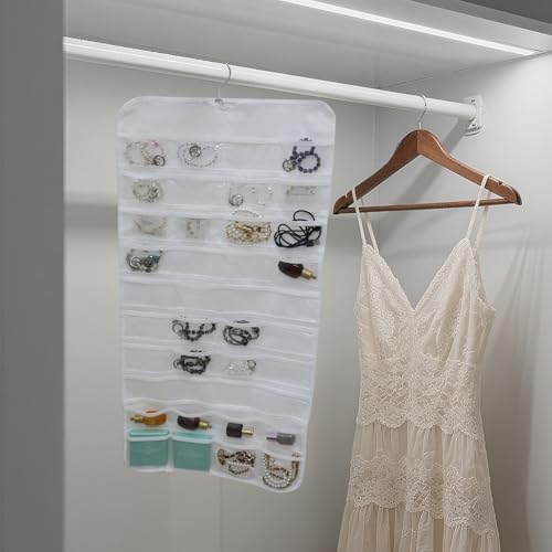 Hanging Jewelry Organizer Pockets Canvas Double Sided Rotating Hanger Necklace Hanging Wall Organizer Jewelry Roll for Earrings, Necklaces,Sunglasses,rings (80-Pocket WHITE) - color: White