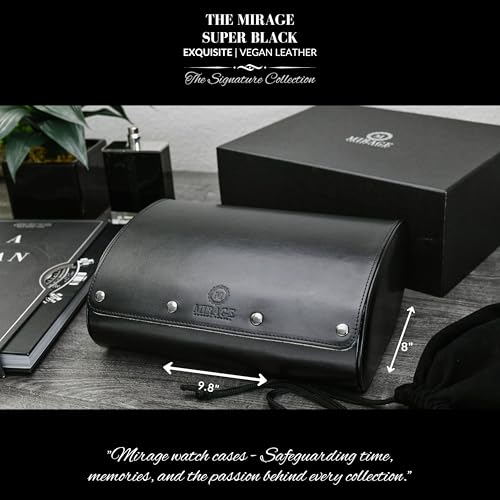 Black Watch Case for Men - 6-watch Roll Travel Case by Mirage - Super Black motif design - color: Super Black 6-watch case