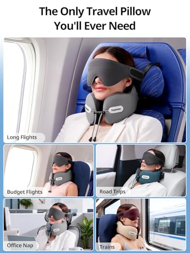 Inspireyes Neck Pillow, Travel Pillow with Seat Strap, 3D Sleep Mask, Dual Support Neck Head, High Supportive Foam Airplane Pillow for Long Flight Road Trip, Stop Bobblehead Travel Essential, Beige - color: Beige