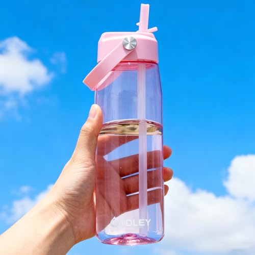 OLDLEY 32 oz Water Bottle with Straw, Leakproof Sports Water Bottle with Carry Strap, BPA-Free Large Water Bottles for Home,Travel, School, Outdoors, Gym, Tritan,Pink - color: Pink