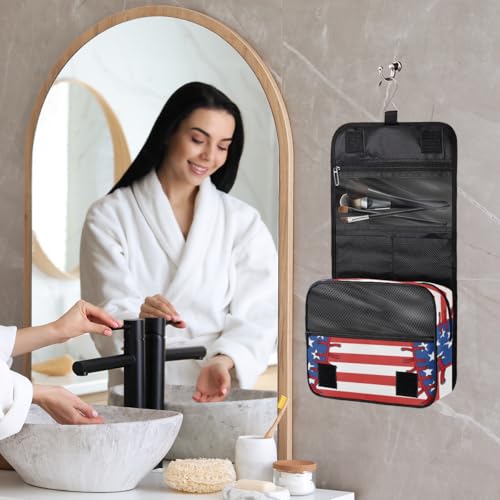 Hanging Travel Toiletry Bag for Women, Baseball Flag Motif Water Resistant Polyester Organizer with Hook & Handle, Large Capacity Cosmetic Bag for Travel, Gym, Camping - color: Baseball Flag Motif