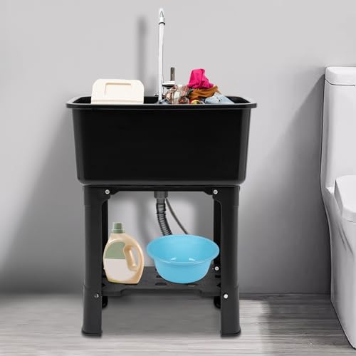 Utility Sink Laundry Tub, Indoor Outdoor Utility Sink with 360° Rotating Faucet, Hoses and Drain Kit, Freestanding Utility Sink for Laundry Room, Garage, Garden - color: Black, 23.6 x 15.8 x 30.1in