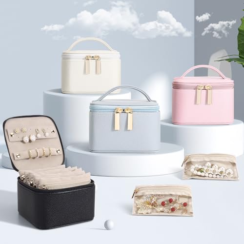DesignSter Small Jewelry Box, Travel Small Jewelry Organizer with Earring Tray and Ring Holder, Square Travel Jewelry Storage Case with 6 Velvet Jewelry Pouches, Blue Gray - color: Blue Gray
