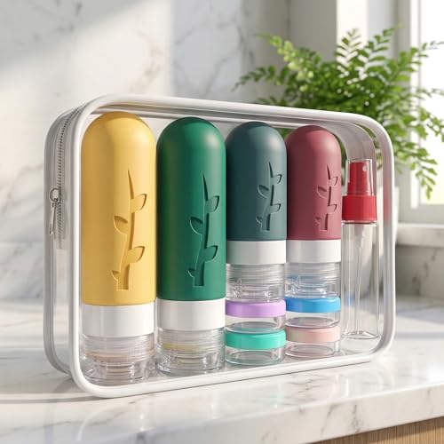 DEPOZA Travel Bottles Kit (16 Pack) - TSA Approved, Leak Proof Silicone Squeezable Containers for Toiletries. Complete Set with Jars, Sprayers & Bag (Wine Red) - color: Wine Red