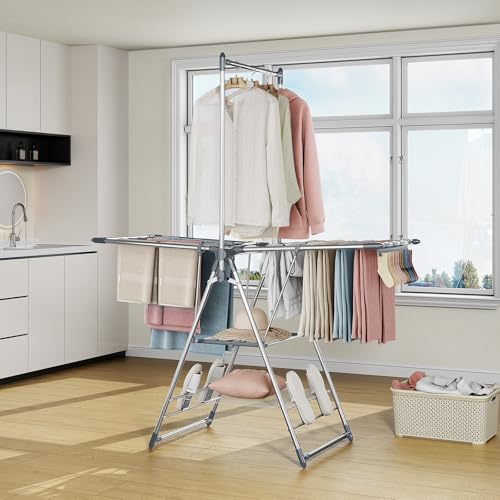 APEXCHASER Clothes Drying Rack with High Hanger, Foldable 3-Level Drying Racks with Shoe Rack, Crossbar and Vertical Rod Laundry Stand with Adjustable Wings Grey - color: Gray, size: 2 Wings