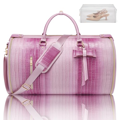 Convertible Garment Duffle Bag for Women, Foldable 2-in-1 Carry On Travel Bag with Shoe Compartment & Toiletry Pocket, PU Leather Stylish Garment Bags for Business Trip, Vacation, Pink-White - color: Rose-Pink