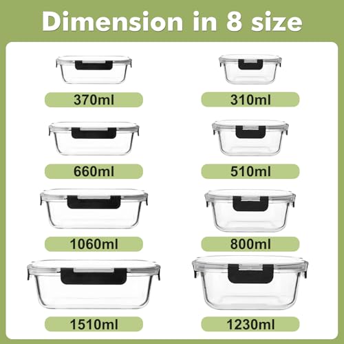 Liuruiyu 8 Pack Glass Food Storage Containers with Lids, Meal Prep Containers, Airtight Bento Boxes with Leak Proof Locking for Microwave, Oven, Freezer and Dishwasher, BPA Free - color: transparent