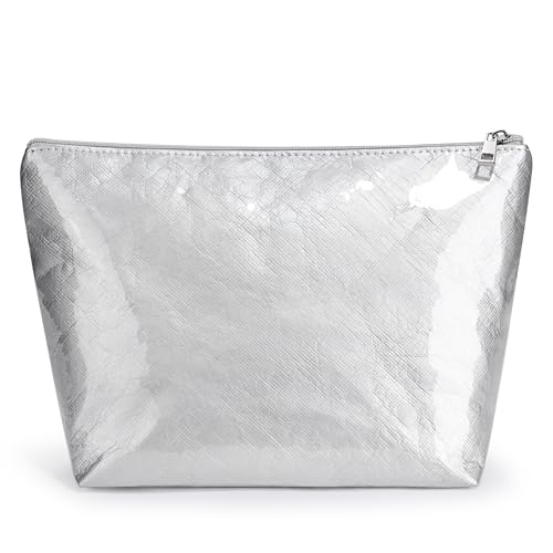 WLLWOO PVC Waterproof Makeup Bag Kraft Paper Cosmetic Bag Travel Toiletry Zipper Pouch Organizer for Women Purse - color: PVC-Silver