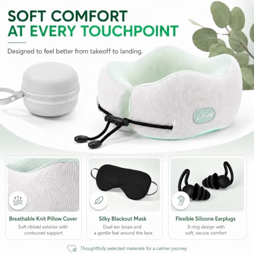 Memory Foam Travel Neck Pillow for Airplane Travel, Head and Chin Support, Adjustable Strap, Washable Cover, Carry Case