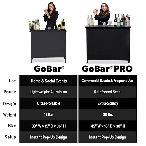 GoBar Portable Bar Table for Events - Black, 3 Skirts, or LED - Pop Up Mobile Bartending Station with Travel Carrying Case - color: Led Black Skirt