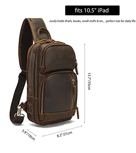 LANNSYNE Full Grain Leather Sling Bag For Men Crossbody Chest Daypack fits 10.5" iPad - color: Brown for 10.5" Ipad