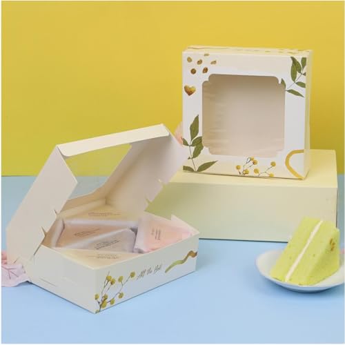 20 Pack Bakery Boxes with Window Small 6x6x2 inch for Cookie, Candy, Pastry, Brownie, Chiffon Cake, Tart, Pie, Waffle (Cream - Marigold) - color: Cream - Marigold