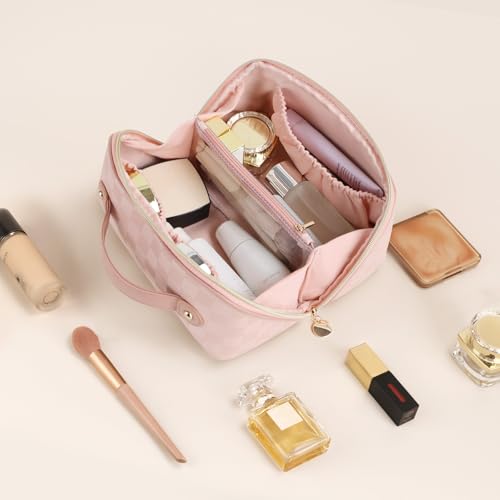 Prite Makeup Bag for Women Travel Waterproof Vegan Leather Cosmetic Bag Open Flat Toiletry Bag With Clear Divider and Handle (Plaid Pink, Medium) - color: Plaid Pink, size: Medium